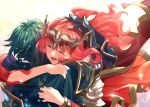  1boy 1girl alm_(fire_emblem) armor cape celica_(fire_emblem) closed_eyes dated earrings fingerless_gloves fire_emblem fire_emblem_echoes:_shadows_of_valentia fire_emblem_heroes from_behind gloves green_hair hand_on_another&#039;s_head headpiece hug jewelry long_hair misu_kasumi open_mouth red_hair short_hair 