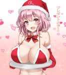  1girl :d amagi_(amagi626) bangs bare_shoulders bikini blush bow bowtie breasts christmas commentary_request detached_collar elbow_gloves eyebrows_visible_through_hair fur-trimmed_bikini fur-trimmed_gloves fur_trim gloves gradient gradient_background hat heart highres large_breasts looking_at_viewer open_mouth pink_background pink_eyes pink_hair red_bikini red_bow red_gloves red_headwear red_neckwear saigyouji_yuyuko santa_bikini santa_hat short_hair smile solo sparkle stomach swimsuit touhou translation_request upper_body white_background 