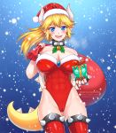  1girl abs ass_visible_through_thighs bare_shoulders bell bell_collar bell_earrings black_collar blonde_hair blue_eyes blush bowsette bracelet breasts breath burbur cameltoe christmas cleavage collar collarbone covered_nipples cowboy_shot earrings eyebrows_visible_through_hair fingernails fur_trim gift groin hat high_ponytail highleg highleg_leotard holding holding_gift horns impossible_clothes jewelry large_breasts leotard licking_lips long_hair looking_at_viewer mario_(series) new_super_mario_bros._u_deluxe open_mouth over_shoulder pointy_ears ponytail red_nails sack santa_costume santa_hat seductive_smile sharp_fingernails sharp_teeth sidelocks smile snowing solo spiked_bracelet spiked_collar spiked_shell spiked_tail spiked_thighlet spikes stomach strapless strapless_leotard tail teeth thighhighs thighlet toned tongue tongue_out turtle_shell watermark 
