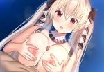  1girl :o ame_sagari azur_lane bare_arms bare_shoulders black_bow blush bow breasts cum detached_collar dutch_angle formidable_(azur_lane) hair_bow hetero large_breasts long_hair looking_at_viewer nipples open_mouth paizuri penis red_eyes silver_hair solo_focus twintails 