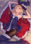  1girl armpits arms_up artoria_pendragon_(all) bangs blonde_hair boots breasts brown_legwear cape collarbone dress fate/stay_night fate_(series) fur-trimmed_cape fur-trimmed_dress fur_trim gloves hat high_heel_boots high_heels highres looking_at_viewer lying medium_breasts multicolored multicolored_cape multicolored_clothes ohland on_back pantyhose parted_lips purple_cape purple_dress purple_footwear purple_gloves purple_headwear red_cape saber_alter santa_alter santa_hat sidelocks solo strapless strapless_dress thigh_boots thighhighs v-shaped_eyebrows yellow_eyes 