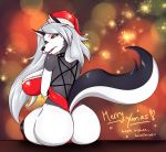  2019 anthro bdsm big_breasts big_butt body_harness breasts butt canid canid_demon canine canis christmas clothed clothing collar demon digital_media_(artwork) eyelashes female fur hair halationart harness hellhound helluva_boss hi_res holidays legwear lingerie looking_at_viewer loona_(vivzmind) mammal open_mouth pentagram pussy raised_tail red_sclera simple_background solo stockings thick_thighs tongue underwear wide_hips wolf 