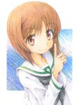  1girl blouse brown_eyes brown_hair closed_mouth commentary_request coupy_pencil_(medium) eyebrows_visible_through_hair girls_und_panzer gofu index_finger_raised long_sleeves looking_at_viewer nishizumi_miho ooarai_school_uniform sailor_collar school_uniform short_hair smile solo traditional_media white_blouse white_sailor_collar 