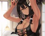  1girl armpits arms_up azur_lane bangs bare_shoulders black_hair black_nails blush braid breasts cleavage closed_mouth commentary_request crop_top dark_skin feathers hair_between_eyes hair_feathers hayabusa indoors jewelry large_breasts long_hair manjuu_(azur_lane) native_american necklace shoes smile south_dakota_(azur_lane) tan tri_braids uwabaki window yellow_eyes 