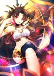  1girl :d armlet armpits arms_up bangs between_fingers bikini black_bikini_bottom black_legwear black_ribbon blurry blush breasts brown_hair cleavage collar collarbone commentary_request crossed_legs crown depth_of_field detached_sleeves eyebrows_visible_through_hair fate/grand_order fate_(series) gem glint hair_ribbon heavenly_boat_maanna holding ishtar_(fate)_(all) ishtar_(fate/grand_order) kagachi_saku long_hair long_legs long_sleeves looking_at_viewer medium_breasts mismatched_bikini navel open_mouth parted_bangs revision ribbon signature single_detached_sleeve single_thighhigh sitting skindentation smile solo strapless strapless_bikini swimsuit thighhighs two_side_up white_bikini_top 