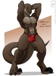  2012 ?! abs absurd_res anthro balls biceps biped brown_body brown_skin bulge claws clothed clothing colored dialogue digital_media_(artwork) digitigrade dinosaur dromaeosaurid english_text erection erection_under_clothing flexing front_view hands_behind_head hi_res looking_at_viewer male muscular muscular_male nails nipples pecs penis penis_outline pose reptile scalie slit_pupils solo speedo standing swimwear tenting text theropod toe_claws topless velociraptor walter_sache yellow_eyes 