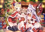  3girls animal_band_legwear animal_ears bangs black_legwear blonde_hair blurry blurry_background blush box breasts brown_eyes brown_hair capelet cat_band_legwear christmas_tree cleavage detached_sleeves eyebrows_visible_through_hair fangs fireplace fur_trim gift gift_box hair_between_eyes kneeling long_hair looking_at_viewer medium_breasts multiple_girls one_eye_closed open_mouth original purple_eyes purple_hair santa_costume semi-rimless_eyewear short_hair sitting smile tail thighhighs usagihime white_legwear yellow_eyes 