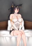  1girl animal_ears armband bangs bare_shoulders black_hair black_shorts blush breasts cleavage detached_sleeves ear_piercing erune eyewear_on_head granblue_fantasy hair_between_eyes halterneck ilsa_(granblue_fantasy) kimjunho large_breasts long_hair looking_at_viewer on_bed one-piece_swimsuit piercing pillow ponytail red_eyes shorts sitting smile solo sunglasses swimsuit thigh_strap thighs white_swimsuit 