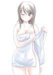  1girl ;) bangs breasts brown_eyes brown_hair cleavage closed_mouth commentary cowboy_shot eyebrows_visible_through_hair girls_und_panzer holding holding_towel large_breasts long_hair looking_at_viewer mika_(girls_und_panzer) naked_towel one_eye_closed open_towel simple_background smile solo standing towel twitter_username white_background white_towel yts_takana 