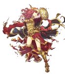  1girl alternate_costume armor armored_boots belt boots breasts cape celica_(fire_emblem) cleavage earrings fire_emblem fire_emblem_echoes:_shadows_of_valentia fire_emblem_heroes full_body fur_trim hairband highres jewelry long_hair magic official_art red_eyes red_hair shield solo sword teeth torn_clothes transparent_background umiu_geso weapon 