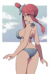  1girl ass bare_shoulders bikini blue_bikini blue_eyes breasts cloud cowboy_shot from_behind fuuro_(pokemon) highres lamb-oic029 looking_at_viewer medium_breasts pokemon pokemon_(game) pokemon_bw red_hair sidelocks sky smile solo swimsuit tied_hair 