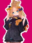  1girl abigail_williams_(fate/grand_order) absurdres bandaid_on_forehead bangs black_bow black_jacket blonde_hair blue_eyes blush bow crossed_bandaids fate/grand_order fate_(series) forehead grandialee hair_bow hair_bun hands_up heroic_spirit_traveling_outfit high_collar highres jacket long_hair long_sleeves looking_at_viewer multiple_bows orange_belt orange_bow parted_bangs pink_background simple_background solo stuffed_animal stuffed_toy teddy_bear 