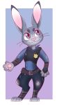  2017 alpha_channel anthro clothed clothing dipstick_ears disney duskierel fully_clothed fur gradient_background grey_body grey_fur hi_res judy_hopps lagomorph leporid mammal multicolored_ears pawpads pink_nose police_uniform rabbit simple_background smile solo standing uniform whiskers zootopia 