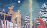  2019 absurd_res anthro anthrofied brown_body brown_fur butt capreoline cervid christmas detailed_background doggomeatball female fur hi_res holidays horn mammal nude pussy reindeer sleigh solo standing 