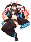  1girl :o baggy_pants bangs bikini black_bikini black_bikini_top black_coat black_footwear black_gloves black_hair breasts clenched_hand coat collar commentary_request en&#039;en_no_shouboutai fiery_ears fiery_tail fire firefighter full_body gloves grey_pants groin harukagi hip_vent looking_at_viewer medium_breasts midriff navel open_clothes open_coat pants sidelocks simple_background solo swimsuit tail tamaki_kotatsu twitter_username two_side_up white_background yellow_eyes 