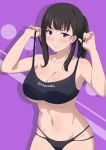  1girl armpits arms_up bangs bare_shoulders bikini black_bikini black_hair blush breasts cleavage clothes_writing collarbone commentary_request cowboy_shot en&#039;en_no_shouboutai english_commentary eyebrows_visible_through_hair groin hair_behind_ear large_breasts long_hair looking_at_viewer maki_oze midriff navel ponytail purple_background purple_eyes rizuta shadow solo strap_pull swimsuit underboob 