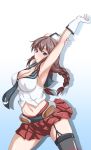  1girl anchor_print arm_grab armpits arms_up bangs belt black_legwear blue_background blue_neckwear braid breasts brown_hair cleavage closed_mouth commentary garter_straps gloves gradient gradient_background grey_belt hair_tie highres kantai_collection large_breasts leaning_forward looking_at_viewer midriff miniskirt navel neckerchief noshiro_(kantai_collection) pleated_skirt red_skirt sailor_collar shadow shirt skirt sleeveless sleeveless_shirt smile solo standing stretch thighhighs twin_braids twintails twitter_username white_gloves white_shirt yts_takana 