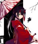  black_butterfly dress green_eyes horns katana nagishiro_mito original red_dress red_umbrella snow sword tagme umbrella weapon 