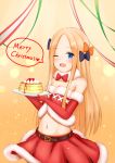  1girl abigail_williams_(fate/grand_order) bangs bare_shoulders belt black_bow blonde_hair blue_eyes blush bow breasts christmas crop_top elbow_gloves fate/grand_order fate_(series) food forehead fur-trimmed_gloves fur-trimmed_skirt fur_collar fur_trim gloves gradient gradient_background hair_bow kuronuketaiyo long_hair looking_at_viewer merry_christmas midriff multiple_bows navel one_eye_closed orange_bow pancake parted_bangs plate polka_dot polka_dot_bow red_bow red_gloves red_skirt ribbon santa_costume skirt small_breasts smile solo yellow_background 