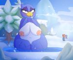  anthro avian beak big_breasts bird blue_eyes blush breasts cliff clothing gloves handwear hat headgear headwear hi_res ice iguanasarecool inverted_nipples mario mario_bros mother mountain nintendo nipples open_mouth outside parent penguin sitting slightly_chubby snow thick_thighs tree video_games water wet wide_hips 