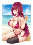  1girl :o absurdres alternate_costume beach bikini blue_sky breasts cleavage cloud cloudy_sky fate/grand_order fate_(series) framed_image hair_intakes highres koi_(pixiv12253148) large_breasts long_hair lotion_bottle navel ocean outdoors purple_hair red_eyes sand scathach_(fate)_(all) scathach_(fate/grand_order) single_thighhigh sitting sky squeezing swimsuit thighhighs wariza 