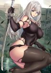  1girl android black_gloves black_legwear blue_eyes boots breasts building day elbow_gloves giovanni_zaccaria gloves katana large_breasts long_hair mole mole_under_mouth nier_(series) nier_automata no_blindfold overcast pink_lips robot_joints ruins silver_hair sword thigh_boots thighhighs torn_clothes weapon yorha_type_a_no._2 