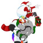  1:1 2019 alpha_channel anthro balls bottomwear bulge canid canine canis carrot chaps christmas clothed clothing collar dave_(character) digital_media_(artwork) english_text equid food fur glowing glowing_eyes grinding hair harness hi_res holidays horn humanoid jack_dragon_(character) jockstrap male mammal max_(character) multicolored_hair muscular muscular_male notkastar plant rainbow scarf shorts smile standing text underwear unicorn vegetable vertical_bar_eyes wolf zatch_(character) 