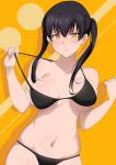  1girl :t armpit_crease bangs bare_shoulders bikini black_bikini black_hair blush breasts collarbone commentary_request cowboy_shot en&#039;en_no_shouboutai english_commentary frown groin long_hair looking_at_viewer medium_breasts midriff navel rizuta shadow sidelocks skindentation strap_pull swimsuit tamaki_kotatsu two_side_up unaligned_breasts w_arms yellow_background yellow_eyes 