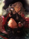  1girl areolae backlighting bangs black_dress black_gloves breasts brown_eyes cafekun cape dress dress_pull elbow_gloves fur-trimmed_cape fur_trim gloves granblue_fantasy grey_hair hair_between_eyes highres huge_breasts large_areolae long_hair looking_at_viewer magisa_(granblue_fantasy) nipples one_breast_out parted_lips red_cape sitting solo very_long_hair 