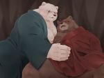  00makumakuma00 2019 4:3 anthro belly bodily_fluids brown_body brown_fur bulge clothing crushfang_(sdorica_sunset) cum dagger_(sdorica_sunset) duo fur genital_fluids handjob hi_res humanoid_hands male male/male mammal moobs nipples overweight overweight_male penile penis_outline polar_bear robe scar sdorica_sunset sex ursid ursine white_body white_fur 