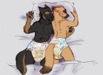  2018 anthro black_body black_fur bodily_fluids breasts brown_body brown_fur canid canine canis clothed clothing cuddling diaper domestic_dog duo eyes_closed female fur furgonomics genital_fluids german_shepherd herding_dog kaeden_(draugr) lily_(draugr) lying male mammal mostly_nude nipples pastoral_dog pillow sleeping spooky-ooky story story_in_description topless urine wet_diaper wetting 