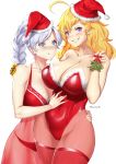 2girls absurdres ahoge artist_name blonde_hair blue_eyes blush braided_ponytail breast_envy breasts christmas cleavage collarbone fishnet_legwear fishnets grin hand_on_hip hat highres holiday large_breasts leather lingerie looking_at_breasts lulu-chan92 medium_breasts mistletoe multiple_girls panties prosthesis prosthetic_arm purple_eyes rwby santa_hat scar scar_across_eye see-through shiny shiny_clothes smile smirk thighhighs twitter_username underwear weiss_schnee white_background white_hair yang_xiao_long 