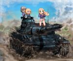  3girls :o amx_30b andou_(girls_und_panzer) bc_freedom_military_uniform black_eyes black_footwear black_hair blonde_hair blue_eyes blue_jacket blue_sky blue_vest boots clear_sky commentary_request dark_skin day dress_shirt drill_hair dust_cloud fan folding_fan girls_und_panzer green_eyes ground_vehicle hand_in_hair high_collar holding holding_fan jacket kneeling long_hair long_sleeves looking_at_another looking_at_viewer marie_(girls_und_panzer) medium_hair messy_hair military military_uniform military_vehicle miniskirt motor_vehicle multiple_girls oshida_(girls_und_panzer) panties pantyshot pantyshot_(kneeling) parted_lips pleated_skirt shasu_(lastochka) shirt skirt sky tank underwear uniform vest white_panties white_shirt white_skirt wind wind_lift 