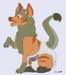  2019 chimera chocolatekitsune claws diaper fangs feral furgonomics horn hybrid open_mouth orange_eyes raised_paw sitting solo teeth tongue tongue_out 