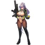 1girl ahoge assault_rifle blue_eyes bodysuit boots breasts explosive full_body gloves grenade gun hair_over_one_eye highres huge_breasts last_origin long_hair official_art ponytail purple_hair rifle snowball snowball22 solo t-20s_gnome tachi-e thigh_boots thighhighs weapon 