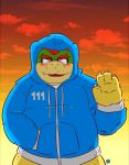  2017 absurd_res anthro blush bowser clothing eyewear glasses hi_res hoodie kamui_shirow koopa male mario_bros nintendo outside scalie solo topwear video_games 