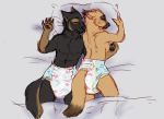  2018 anthro black_body black_fur breasts brown_body brown_fur canid canine canis clothed clothing cuddling diaper domestic_dog duo eyes_closed female fur furgonomics german_shepherd herding_dog kaeden_(draugr) lily_(draugr) lying male mammal mostly_nude nipples pastoral_dog pillow sleeping spooky-ooky story story_in_description topless 