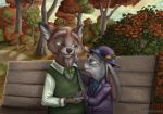  2017 anthro bench bow_tie brown_body brown_fur canid canine cheek_tuft clothed clothing cloud detailed_background disney duo eye_contact facial_tuft fox fur green_eyes grey_body grey_fur hand_holding hat head_tuft headgear headwear inner_ear_fluff judy_hopps lagomorph leporid light lighting looking_at_another mammal nick_wilde old plant purple_eyes rabbit red_fox shirt shrub sky taterbunny topwear tree tuft zootopia 