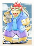  2017 anthro blush bottomwear bowser can clothing hi_res humanoid_hands kamui_shirow koopa mario_bros nintendo overweight scalie shirt shorts solo topwear video_games 