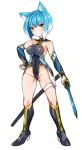  1girl absurdres armpits ass_visible_through_thighs blue_hair boots commentary_request elbow_gloves full_body gloves harigane_shinshi high_heel_boots high_heels highres holding holding_weapon leotard looking_at_viewer multicolored_hair scabbard sheath short_hair solo standing thigh_strap weapon white_background yellow_eyes 