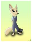  2018 absurd_res anthro arctic_fox barefoot black_nose blue_eyes border canid canine clothed clothing disney fox fully_clothed fur gradient_background hands_behind_back hi_res inner_ear_fluff katyushkawolf mammal overalls shirt simple_background skye_(zootopia) smile solo standing topwear tuft white_border zootopia 