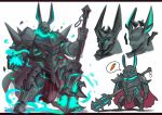  anthro armor cape clothed clothing fur grey_body grey_fur lagomorph league_of_legends male mammal mordekaiser_(lol) rabbity riot_games simple_background solo speech_bubble video_games white_background 