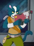  2018 angry anthro avocato belt biped clothed clothing digital_media_(artwork) ear_fur fangs felid feline final_space fur futuristic gear green_body green_fur green_tail gun male mammal mindofrudy monotone_tail multicolored_body multicolored_fur ranged_weapon solo space space_background standing teeth two_tone_body two_tone_fur ventrexian weapon white_body white_fur window yellow_sclera 