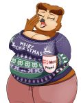  2019 absurd_res anthro avian beak belly beverage big_belly big_breasts bird breasts christmas clothed clothing cup digital_media_(artwork) eyes_closed feathers female grandpaced hi_res holidays hot_chocolate huge_breasts obese obese_female open_mouth overweight overweight_female owl phelia solo sweater sweatpants text thick_thighs tired tongue topwear wide_hips yawn 