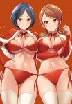  2girls ass_visible_through_thighs bangs bikini black_hair breasts brown_eyes brown_hair capelet cleavage commentary_request cowboy_shot detached_sleeves eyebrows_behind_hair fur-trimmed_capelet fur-trimmed_sleeves fur_trim groin hand_on_hip hayami_kanade highres houjou_karen idolmaster idolmaster_cinderella_girls kazu large_breasts light_blush long_hair looking_at_viewer low_twintails midriff multiple_girls navel neck_ribbon parted_bangs playing_with_own_hair red_background red_bikini red_capelet red_sleeves ribbon short_hair side-by-side side-tie_bikini sidelocks swept_bangs swimsuit thighhighs twintails white_legwear yellow_eyes 