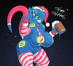 2019 5_fingers alcohol anthro areola arm_warmers armwear beverage big_breasts bikini blue_background bottomless breasts christmas clothed clothing collar cup dax daxzor digital_media_(artwork) dragon female fingerless_gloves fingers furgonomics gloves green_eyes hair hair_over_eye handwear hat headgear headwear hi_res holding_object holidays huge_breasts legwear looking_at_viewer markings one_eye_obstructed pattern_armwear pattern_clothing pattern_legwear pussy santa_hat sharp_teeth simple_background slightly_chubby sling_bikini smile solo stockings striped_armwear striped_clothing striped_legwear striped_stockings stripes swimwear tail_clothing tail_warmer teeth thick_thighs 