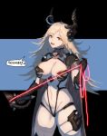  1girl absurdres alrac_gomchi armor bikini_armor blonde_hair breasts energy_whip eyebrows_visible_through_hair faucre gauntlets headgear highres holding_whip korean_text large_breasts last_origin long_hair looking_at_viewer navel pauldrons shoulder_spikes smile solo spikes yellow_eyes 