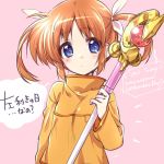  1girl bangs blue_eyes closed_mouth commentary english_text eyebrows_visible_through_hair hair_ribbon highres holding holding_staff kuroi_mimei light_frown long_sleeves looking_at_viewer lyrical_nanoha mahou_shoujo_lyrical_nanoha notice_lines pink_background raising_heart ribbon shirt short_hair solo staff takamachi_nanoha translation_request twintails upper_body white_ribbon yellow_shirt 