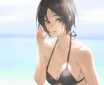  1girl bikini black_bikini breasts brown_eyes brown_hair cleavage fingernails long_fingernails looking_at_viewer medium_breasts mossi original short_hair smile solo swimsuit upper_body 