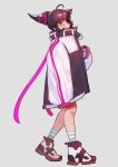  1girl ahoge baggy_clothes black_hair casual eyepatch han_juri hiroshi_(hiroshixhiss) jacket oversized_clothes purple_eyes shoes short_twintails sleeves_past_wrists sneakers socks solo street_fighter street_fighter_v track_jacket twintails walking 